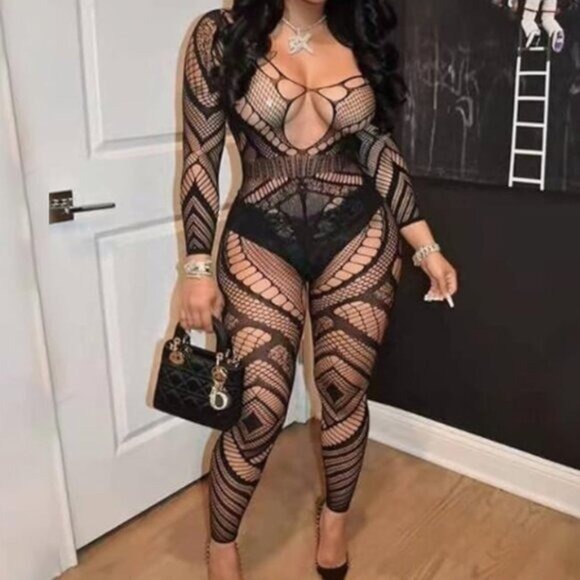Black Geometric Pattern Fishnet Bodysuit - Picture 3 of 7